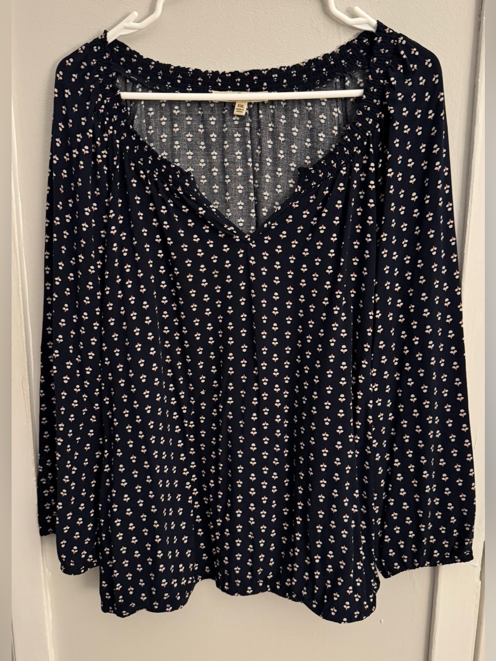 Les Serain XXL Navy Floral Peasant Blouse Off Shoulder Rayon Boho Top